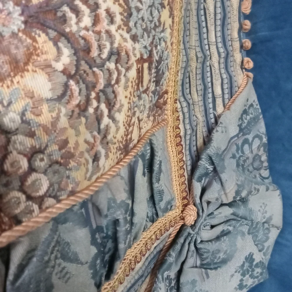 Vintage Pictorial Tapestry Covering, Pleats, Tassels, Boating, Temple  38